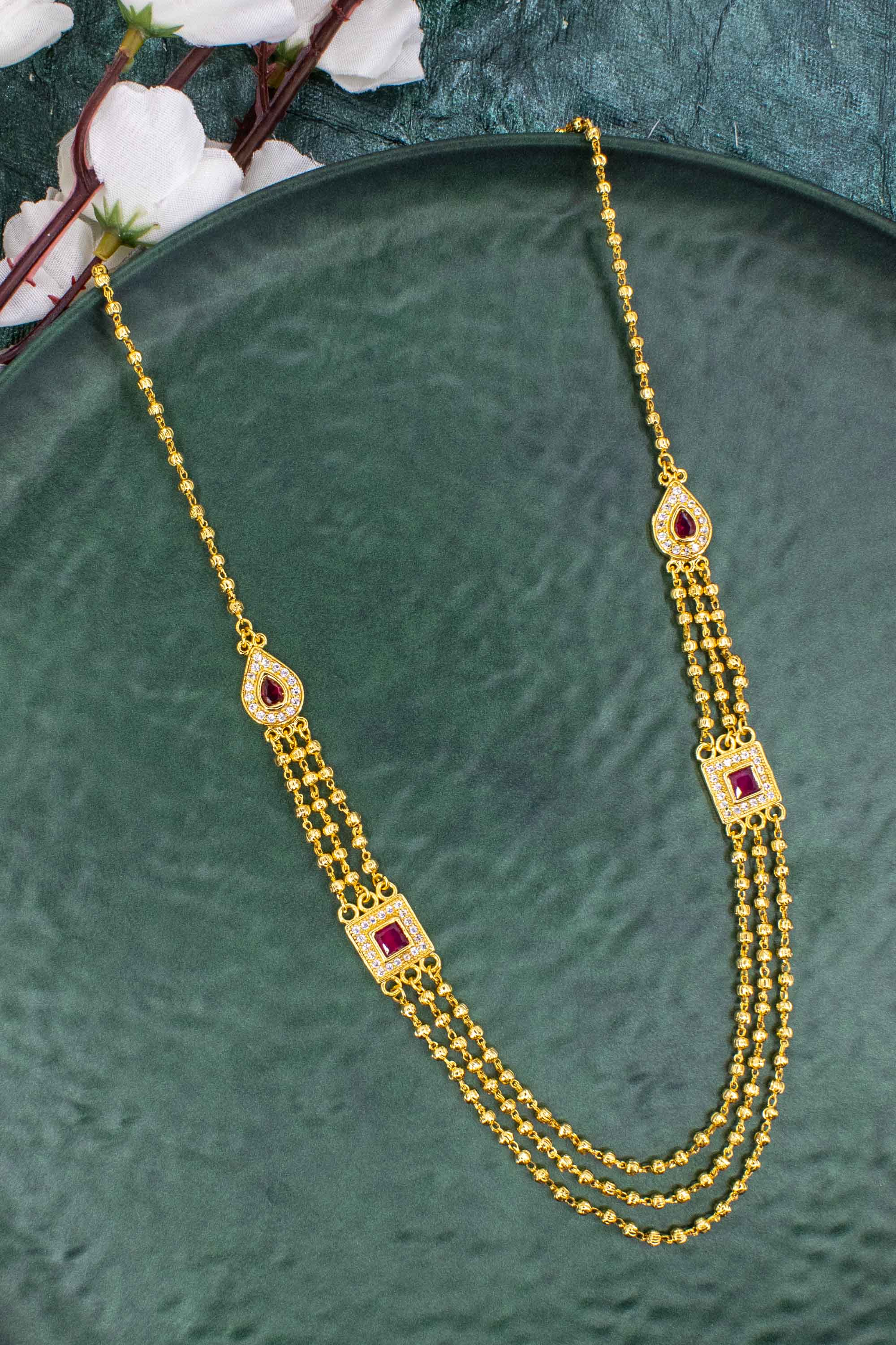 3 layered gold plated necklace with leaf and square ruby stone | NarNari | NNNa234