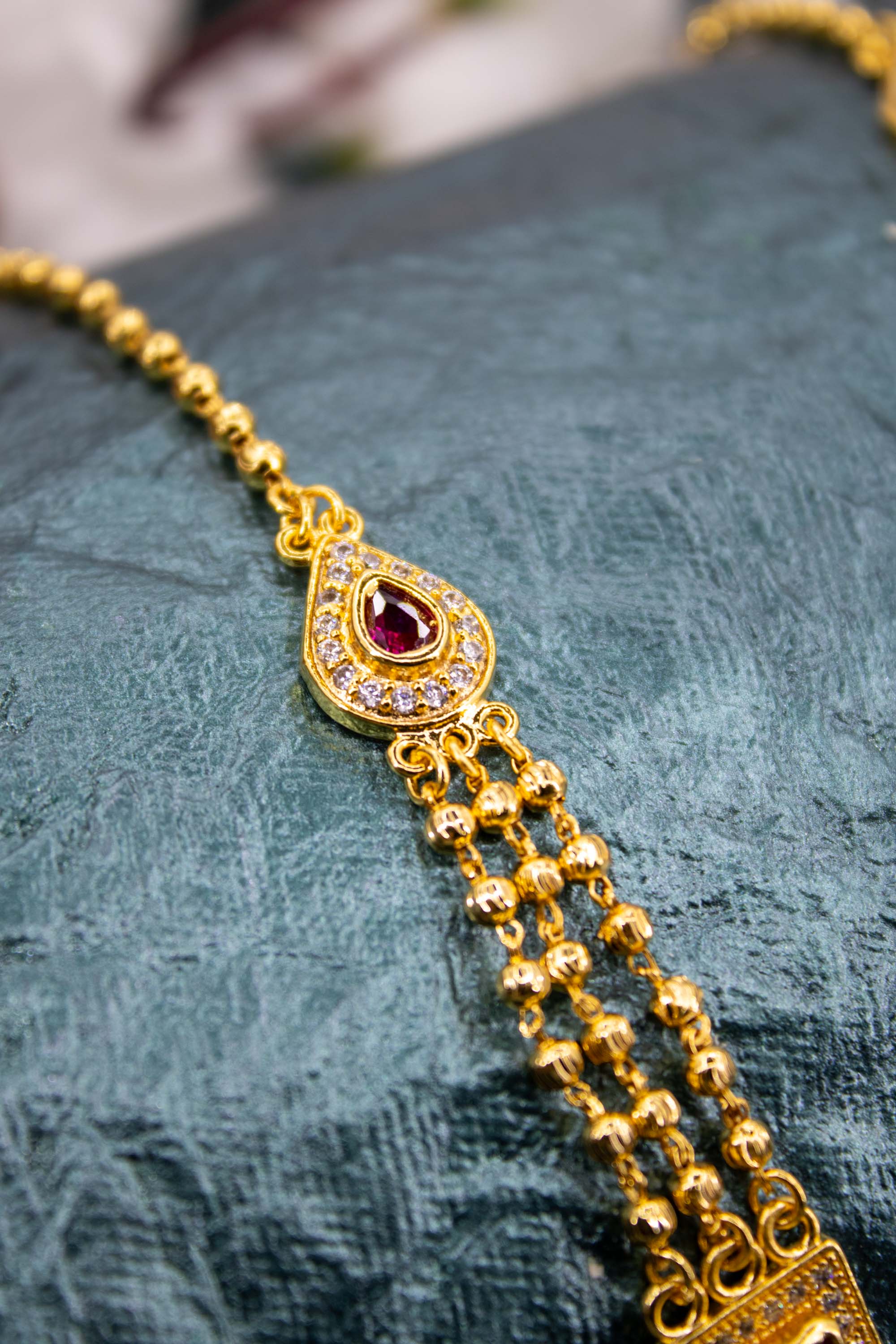 3 layered gold plated necklace with leaf and square ruby stone | NarNari | NNNa234