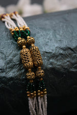 Cylinder naksi ethnic multi layered pearl beaded mala with ruby and emerald stone | NarNari | NNMc235
