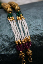 Cylinder naksi ethnic multi layered pearl beaded mala with ruby and emerald stone | NarNari | NNMc235