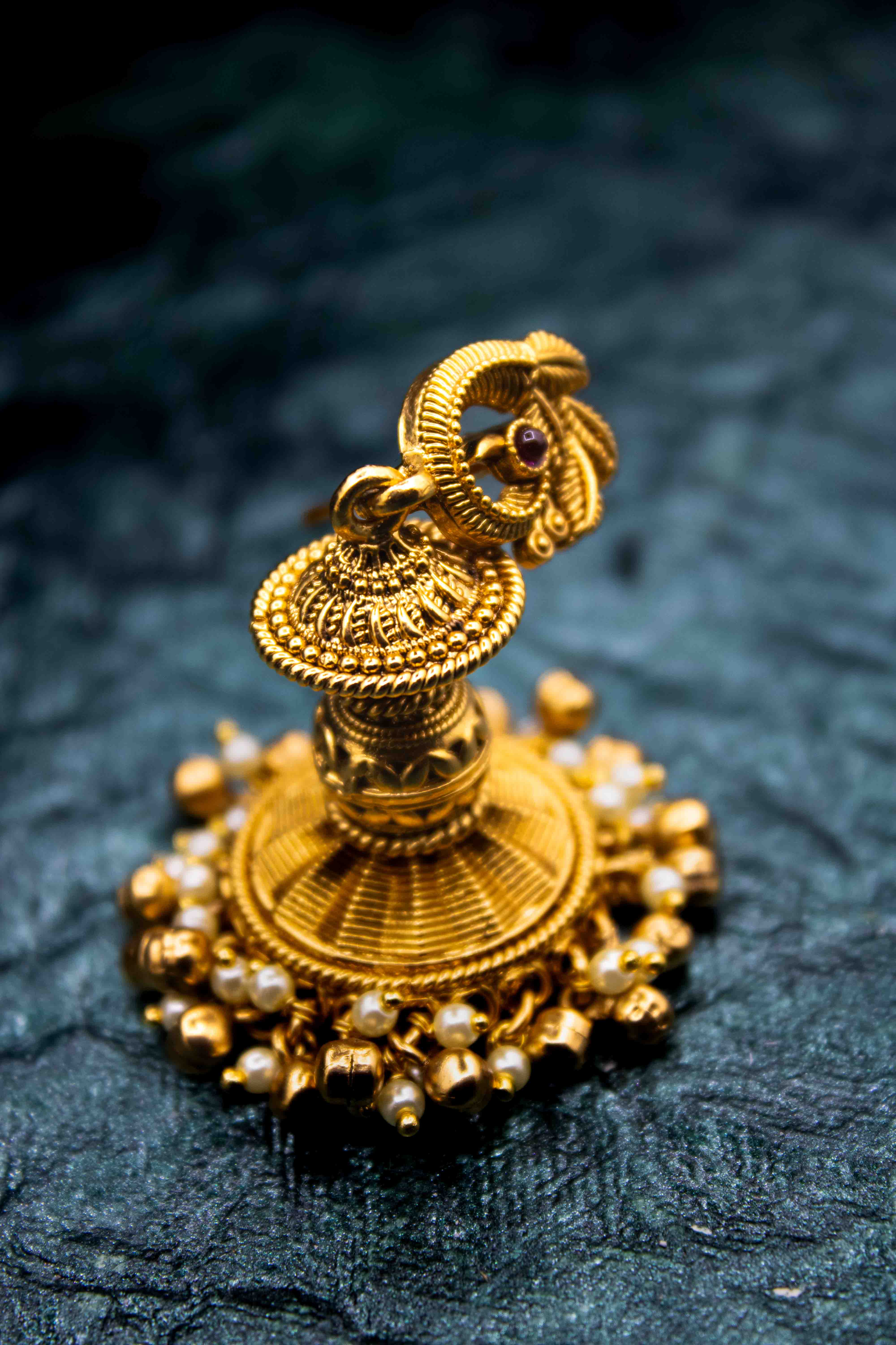 Antique temple jhumka with dancing peacock and pearl dropped | NarNari | NNEd145