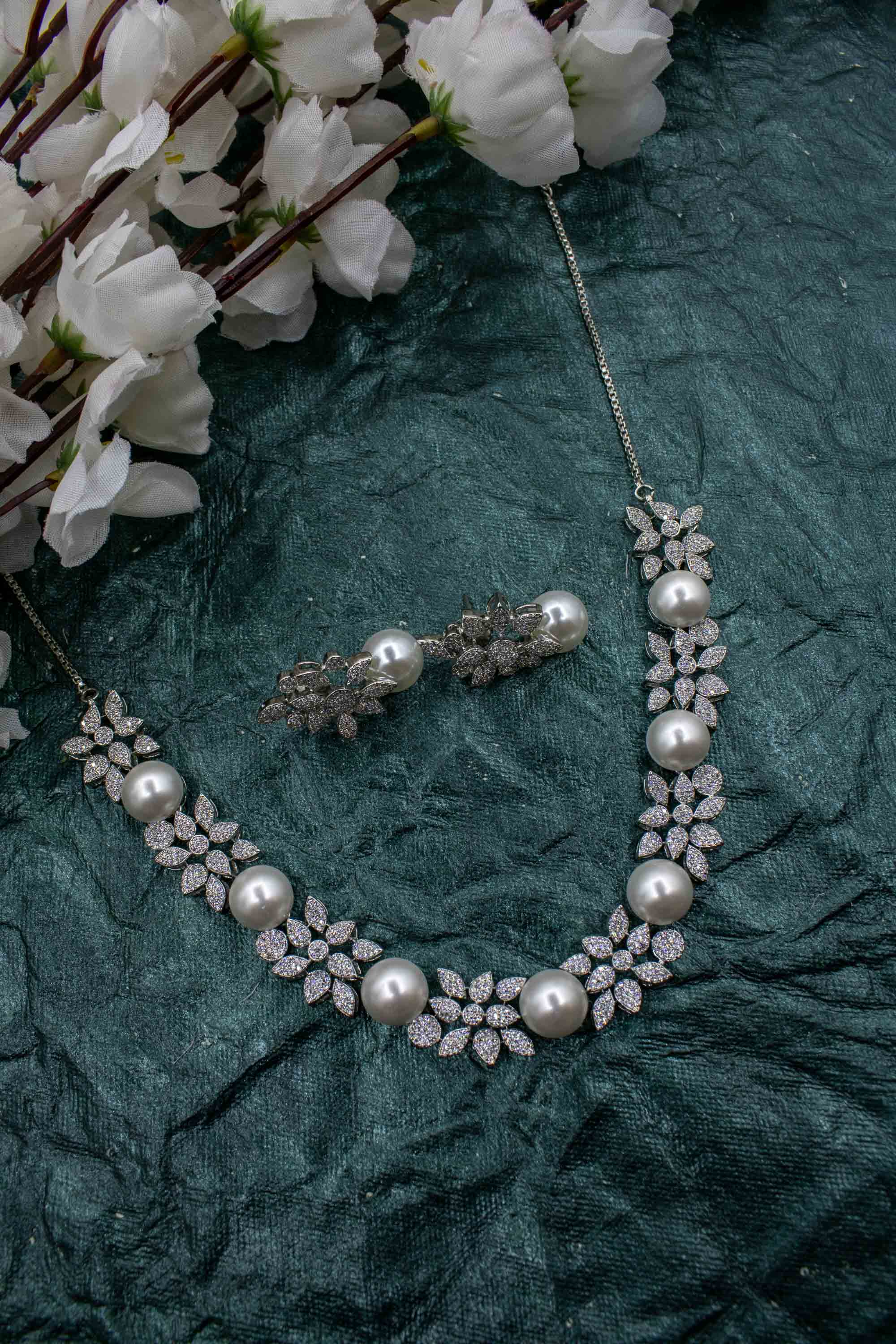 Pearl and Zircons Stone Rhodium Plated Necklace | NarNari | NNNd132