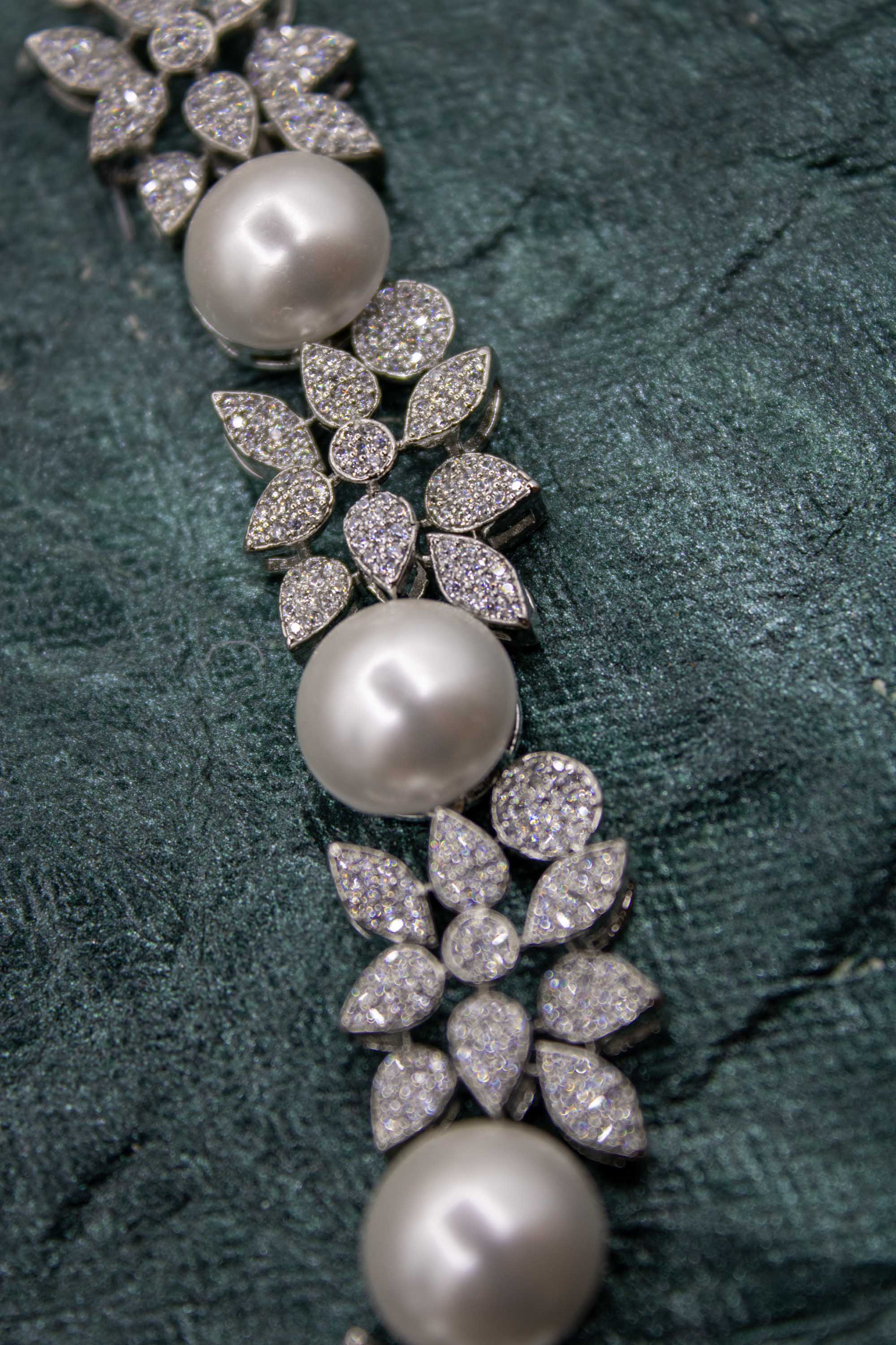 Pearl and Zircons Stone Rhodium Plated Necklace | NarNari | NNNd132