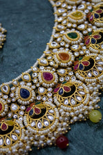 Luxury handcrafted Navratan necklace set ( Mangtika + Earring ) studded with multi-colored stones | NarNari | NNNd123