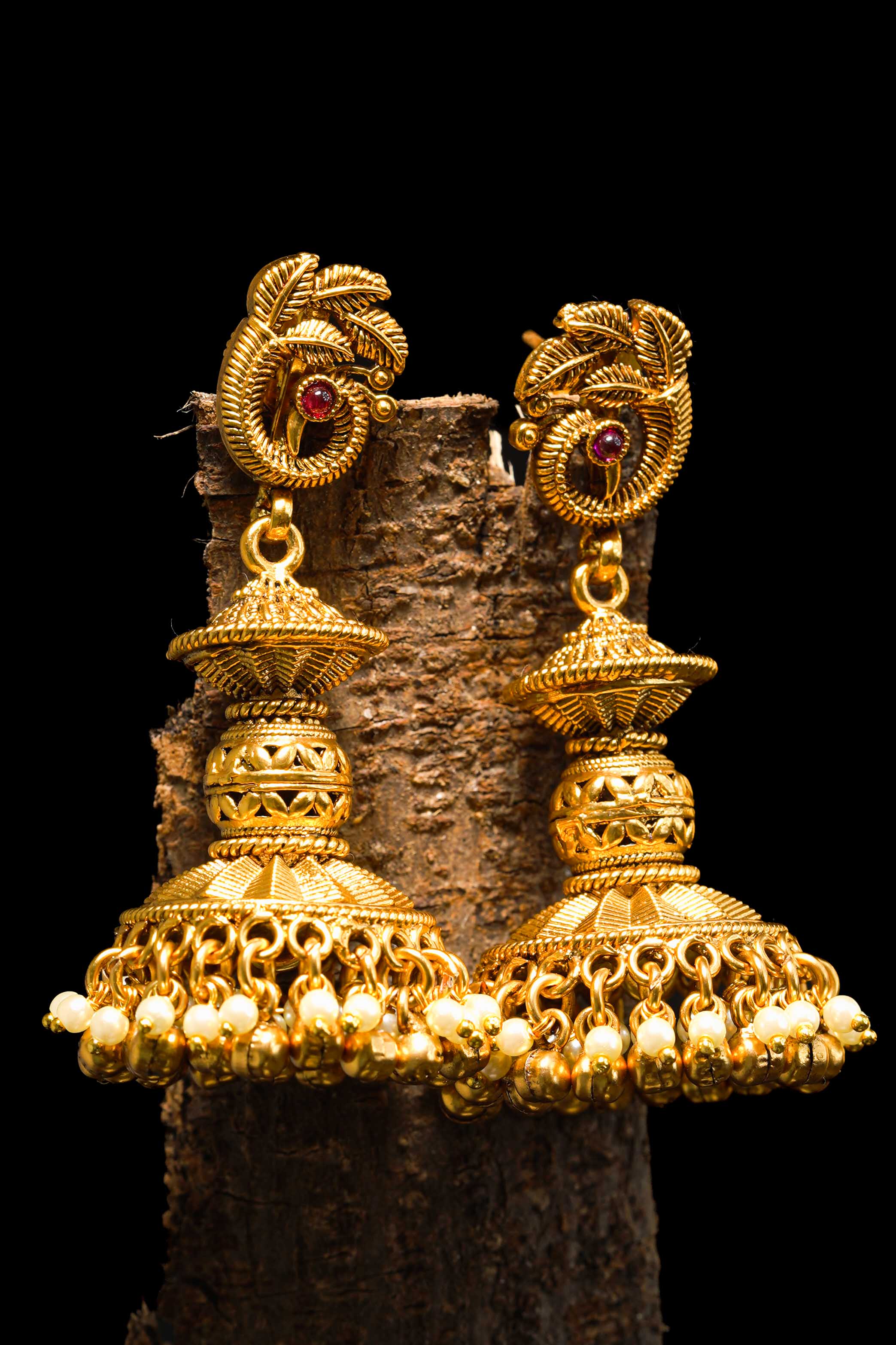 Antique temple jhumka with dancing peacock and pearl dropped | NarNari | NNEd145