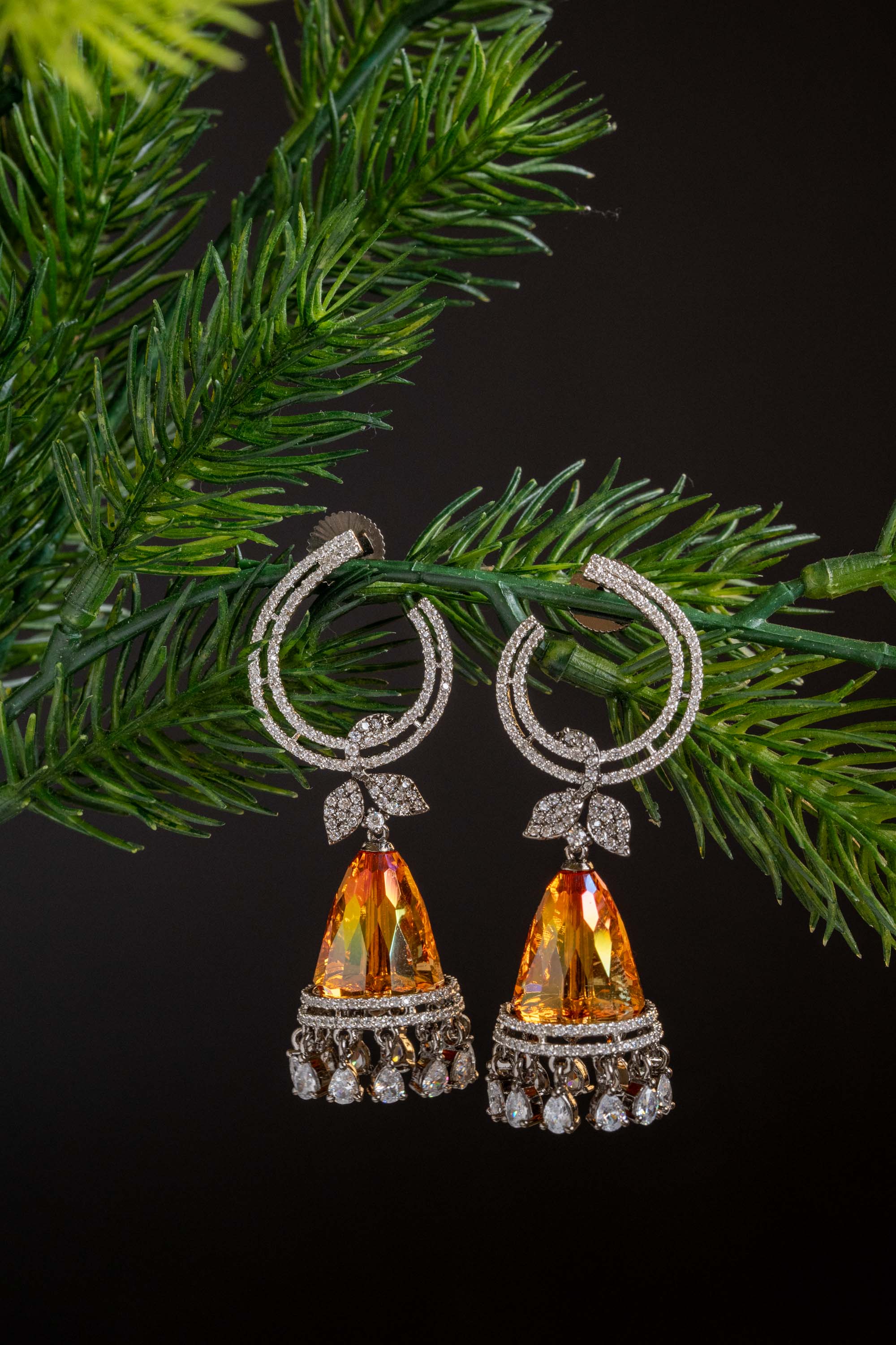 Carnelian stone rhodium plated earring with Ad studded and dropped | NarNari | NNEd149