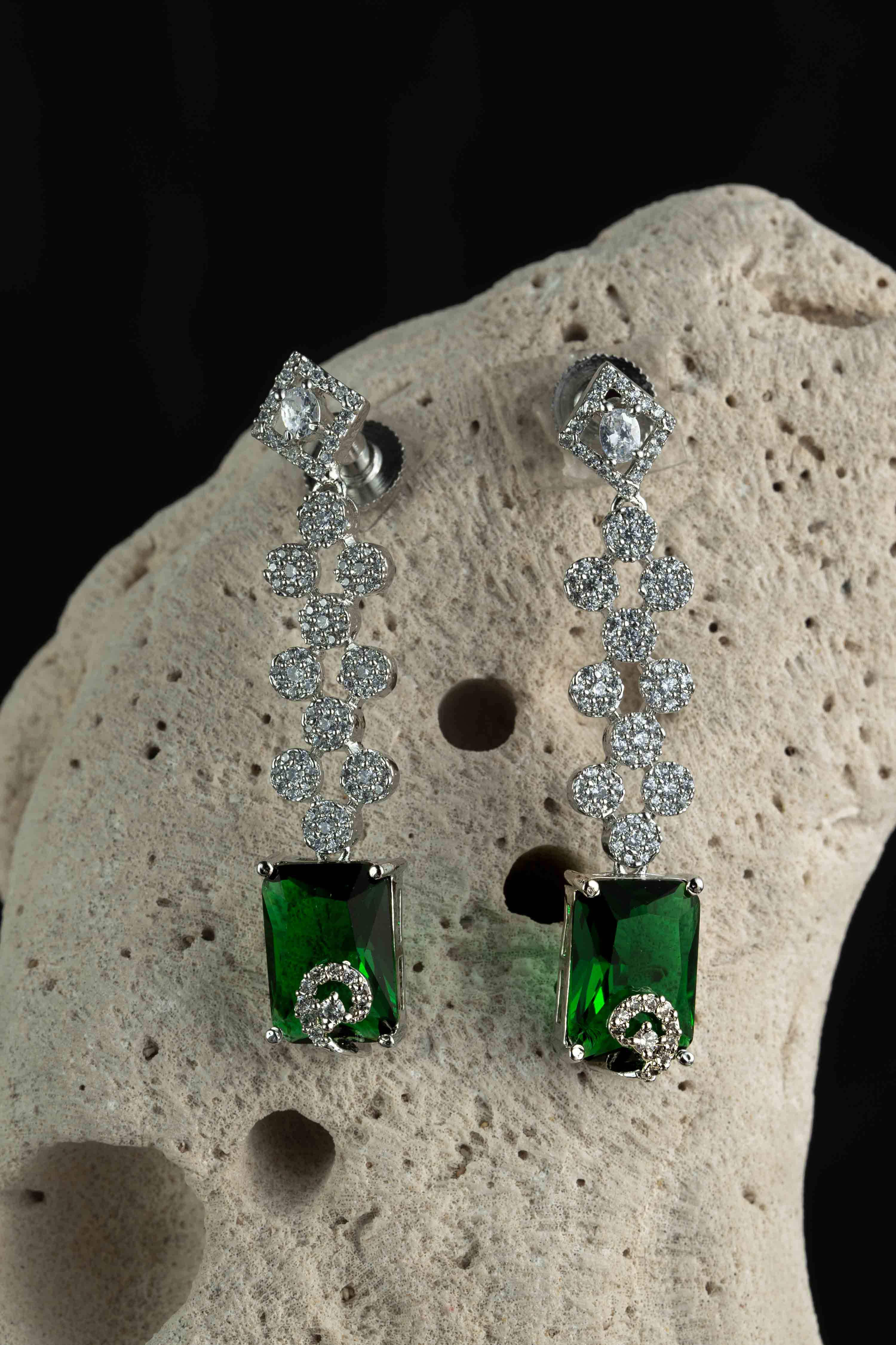 Rhodium Plated Pendant Set Studded With Zircons And Emerald Stones | NarNari | NNNd130