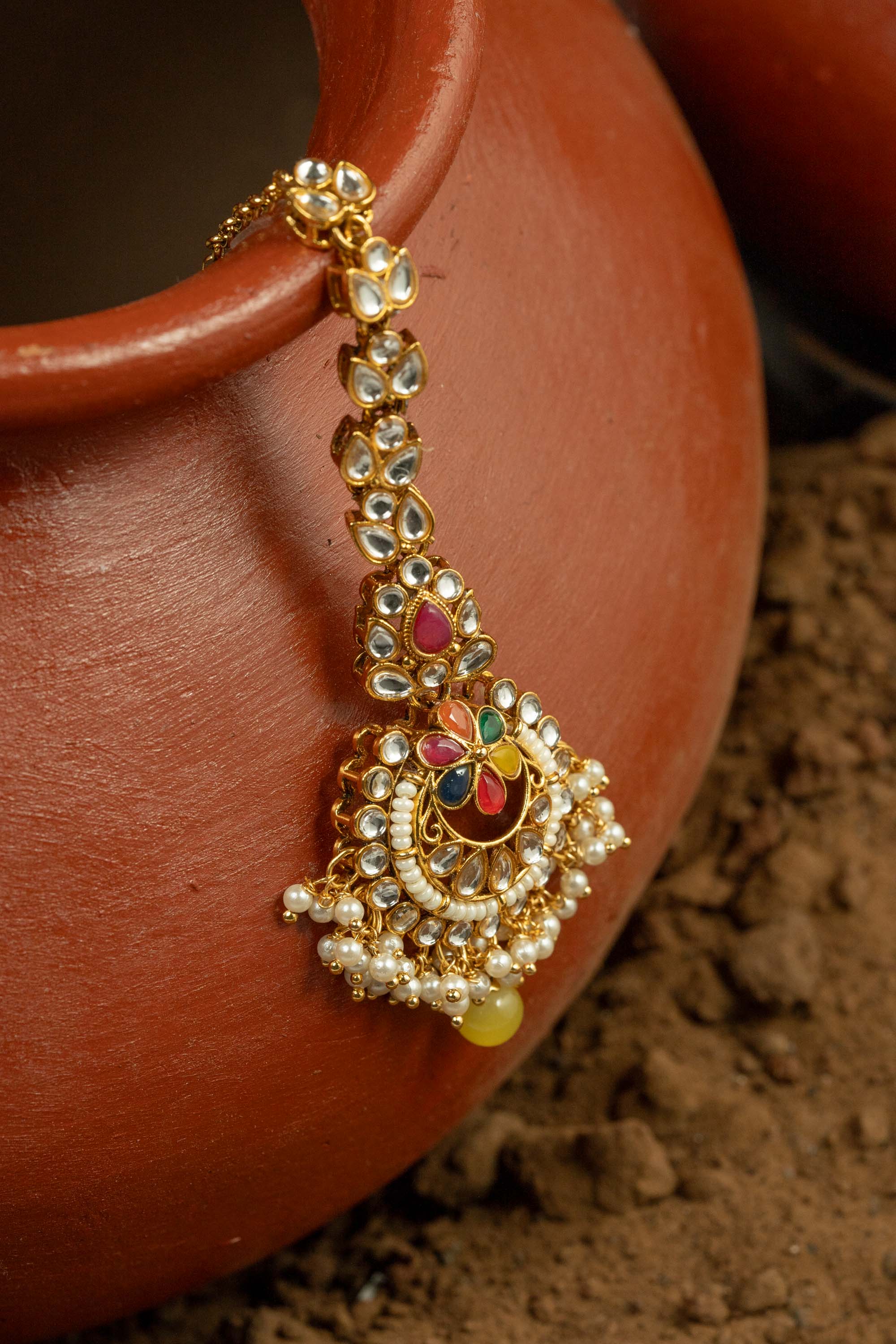 Luxury handcrafted Navratan necklace set ( Mangtika + Earring ) studded with multi-colored stones | NarNari | NNNd123