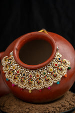 Luxury handcrafted Navratan necklace set ( Mangtika + Earring ) studded with multi-colored stones | NarNari | NNNd123