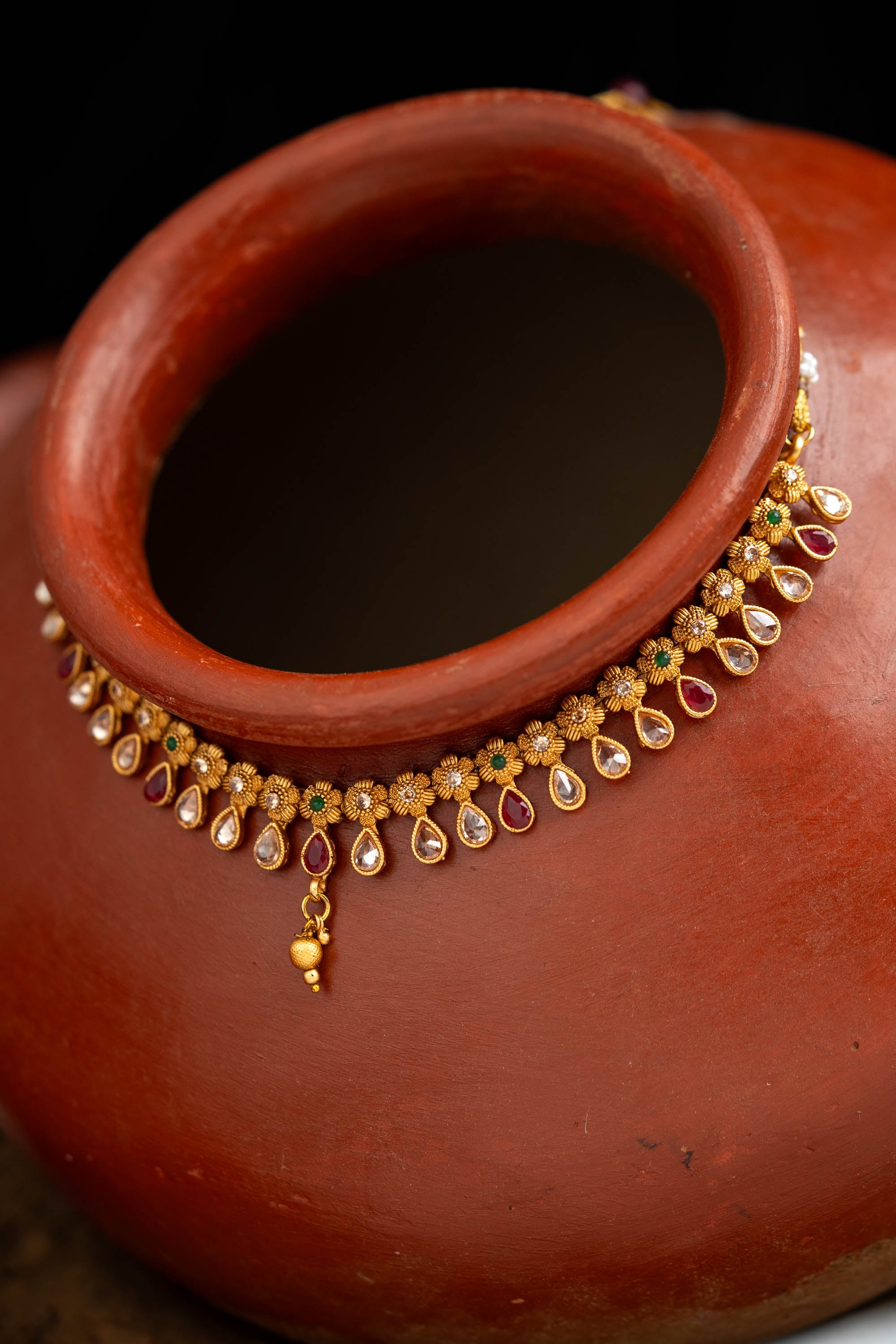 Classic matte gold plated choker with multi color stone | NarNari | NNNd216