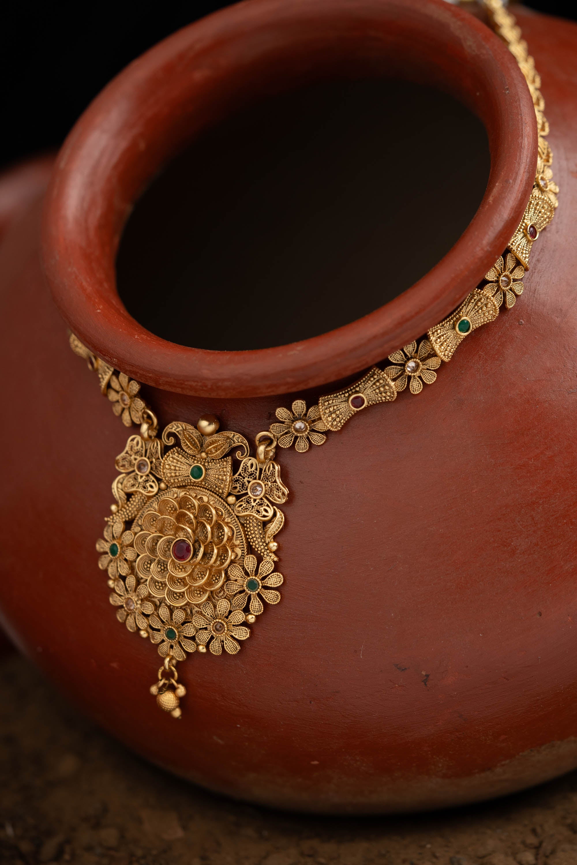 Flowered shaped rajwadi long necklace with matching earring |  NarNari | NNNd29