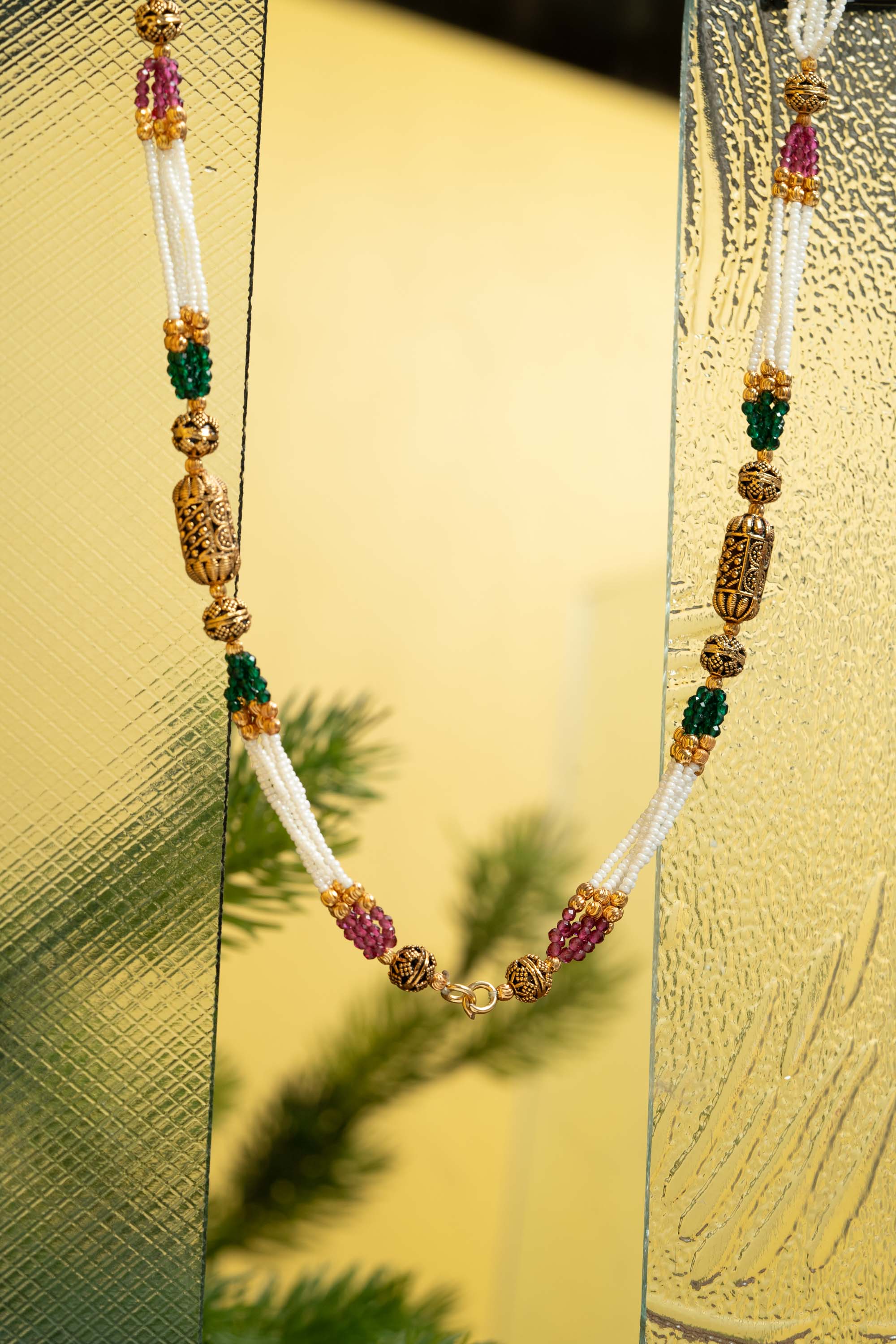 Cylinder naksi ethnic multi layered pearl beaded mala with ruby and emerald stone | NarNari | NNMc235