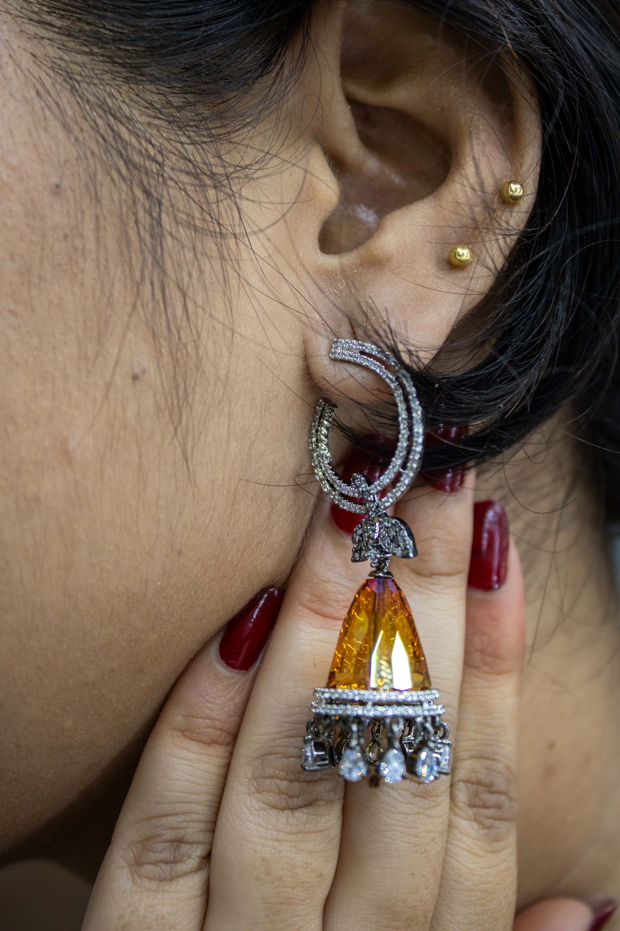 Carnelian stone rhodium plated earring with Ad studded and dropped | NarNari | NNEd149