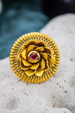 Lotus shaped gold plated ruby stone rajwadi adjustable finger ring | NarNari | NNRd222