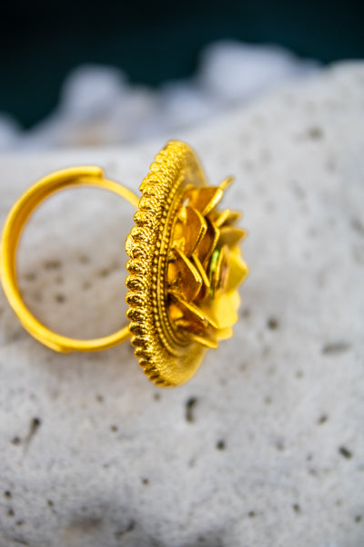 Lotus shaped gold plated ruby stone rajwadi adjustable finger ring | NarNari | NNRd222