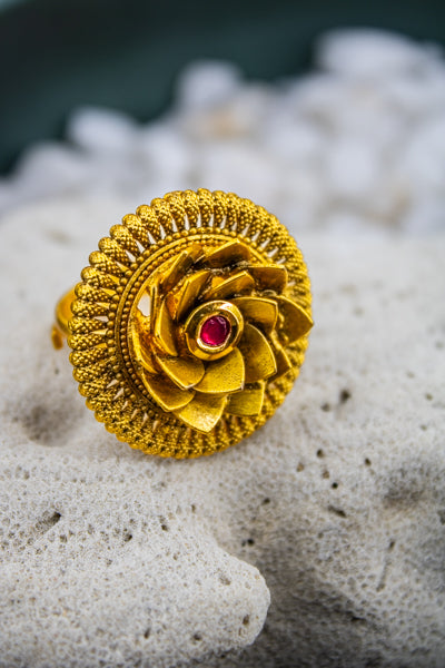 Lotus shaped gold plated ruby stone rajwadi adjustable finger ring | NarNari | NNRd222