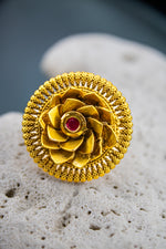 Lotus shaped gold plated ruby stone rajwadi adjustable finger ring | NarNari | NNRd222