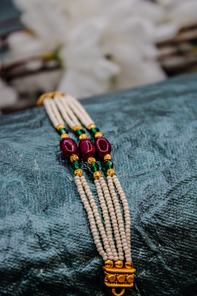 Ruby and emerald cubic zirconia perl mala with gold platted polki mala | NarNari | NNMc228 