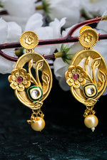 Kundan and ruby studded pearl dropped pendent with matching earrings | NarNari | NNPd241