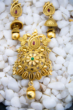 gold plated antique cz emerald pendent with drooped gold ball and matching earring | NarNari | NNPd247