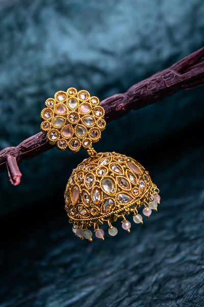 Gold plated gumbaz dropped perl earring with morganite and cz | NarNari | NNEd144