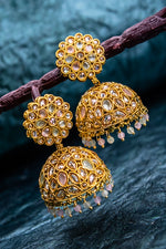 Gold plated gumbaz dropped perl earring with morganite and cz | NarNari | NNEd144