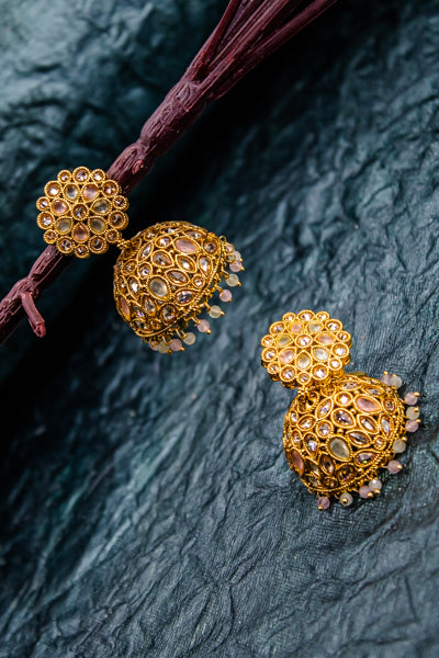 Gold plated gumbaz dropped perl earring with morganite and cz | NarNari | NNEd144