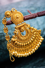 Temple jadau earring with hair chain with dropped perl | NarNari | NNEd136