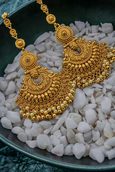 Temple jadau earring with hair chain with dropped perl | NarNari | NNEd136