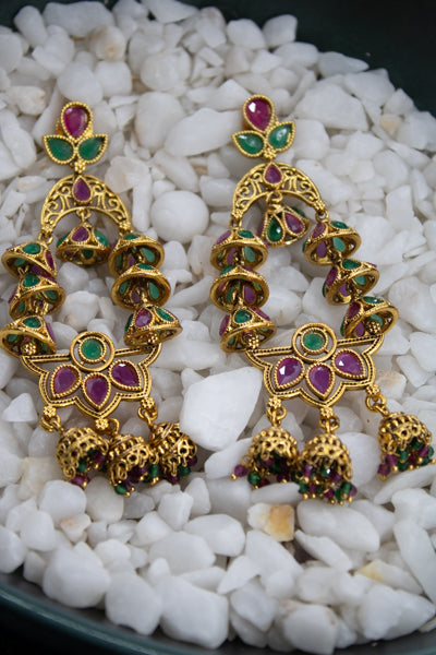 Ruby and emerald gold platted nakshi jhumka earrings | NarNari | NNEd136