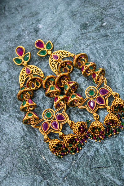 Ruby and emerald gold platted nakshi jhumka earrings | NarNari | NNEd136