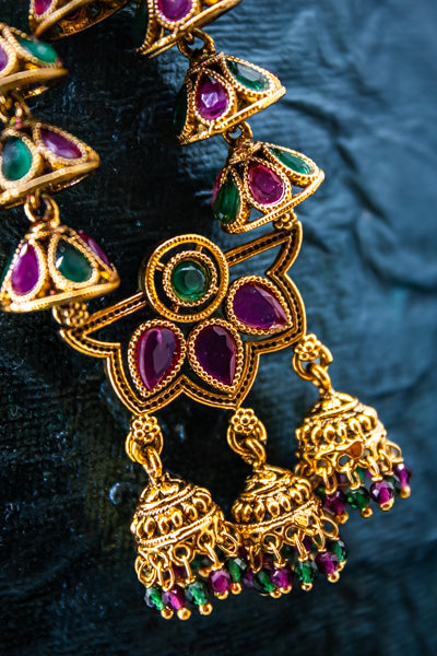 Ruby and emerald gold platted nakshi jhumka earrings | NarNari | NNEd136