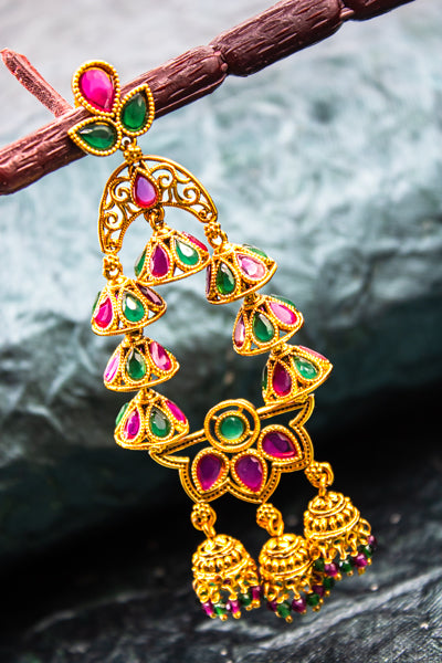 Ruby and emerald gold platted nakshi jhumka earrings | NarNari | NNEd136