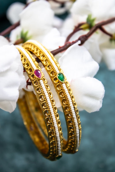 Ethnic bangles with emeralds and rubies studded with pearls | NarNari | NNBa112