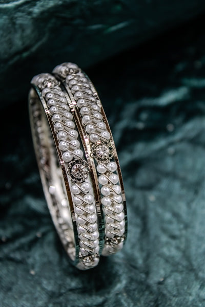 Rhodium Plated And Studded With Pearls And Zircon Wide Bangles | NarNari | NNBa17