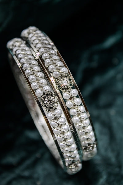 Rhodium Plated And Studded With Pearls And Zircon Wide Bangles | NarNari | NNBa17