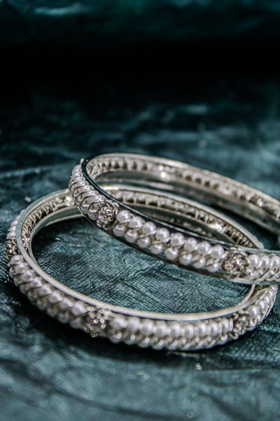 Rhodium Plated And Studded With Pearls And Zircon Wide Bangles | NarNari | NNBa17