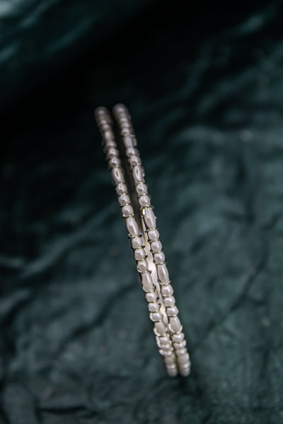 Elongated Pearl Studded Bangles, Rhodium Plated | NarNari | NNBa16