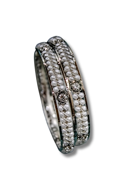 Rhodium Plated And Studded With Pearls And Zircon Wide Bangles | NarNari | NNBa17